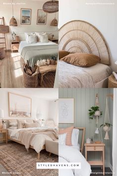 two pictures of a bedroom with white walls and wood floors