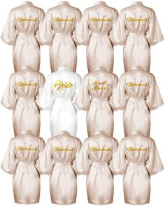 PRICES MAY VARY. Complete Set: our 12 pieces robe set includes 1 white bridal robe, 1 chief bridesmaid robe, and 10 bridesmaids robes; Nice for any wedding party Elegant Design: our robes feature a beautiful kimono style design with a low neckline and belt, and are adorned with eye catching gold glitter; Plus, the words "Bride," "Maid of Honor," and "Bridesmaid" are printed on the back Comfortable Material: made from lightweight, breathable polyester, our robes are soft to the touch and won't wr Bridesmaid And Bride Robes, White And Gold Wedding Theme Bridesmaid, Blush And Champagne Wedding Colors, Vintage Bachelorette Party, Champagne Bridal Party, Wedding Prizes, Maid Of Honor And Bridesmaid, Bride And Bridesmaid Robes, 10 Bridesmaids