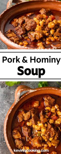 pork and hominy soup in a clay pot with text overlay that reads pork and hominy soup