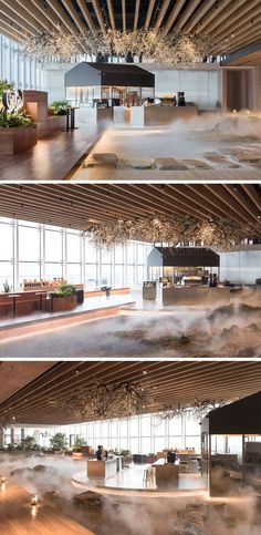 three photographs of the inside of an office building with fog in the air and on the ground