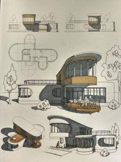 an architectural drawing of a building with many different levels and sections, including the roof