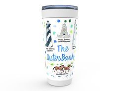 a travel mug with the words the outerbank on it and images of horses in front of a lighthouse