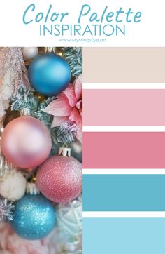 the color palette is pink, blue, and green with ornaments on top of it