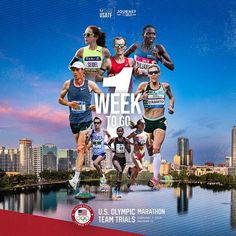 a group of people running across a lake in front of a cityscape with the words week to go on it