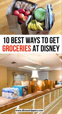 grocery bags filled with groceries sitting on top of a wooden floor next to a counter