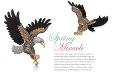 an eagle brooch is shown with the words spring and miracle written in gold on it