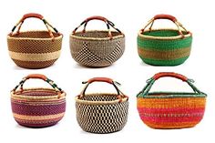 six baskets with handles are shown in different colors