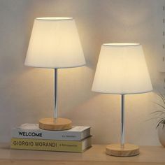 two lamps sitting on top of a table next to a book and potted plant