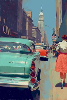 a painting of a woman walking down the street in front of an old fashioned car