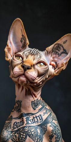 a hairless cat with tattoos on its back