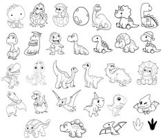 a large set of cartoon dinosaurs for children to color and draw on the white background