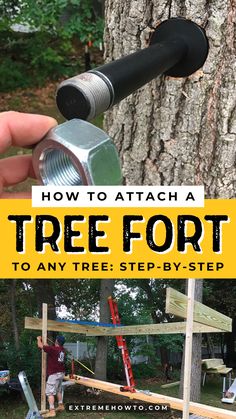 a person is holding a tree fort in front of a tree with the text how to attach a tree fort to any tree step - by - step