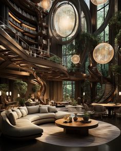 a living room filled with lots of furniture and large round lights hanging from the ceiling