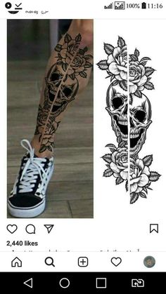 a person's leg with tattoos on it and an image of a skull in the background