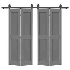 two gray doors with black hardware on the top and bottom, one open to reveal an image