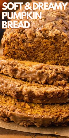 a loaf of pumpkin bread with frosting on top and the words soft & dreamy pumpkin bread above it