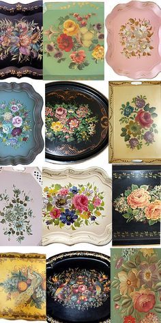 many different types of trays with flowers painted on the lids and bottom one is pink, blue, green, yellow