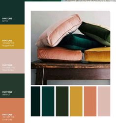 the color palette is green, yellow and pink with some brown pillows on top of it