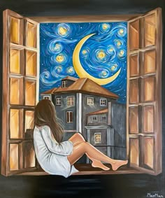 a painting of a woman sitting on a window sill looking out at the night sky