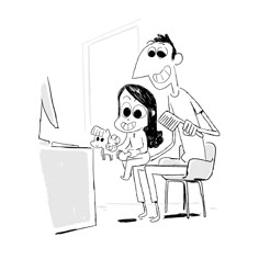 a drawing of a man and woman sitting at a desk with a computer screen in front of them