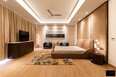 a modern bedroom with wooden floors and walls