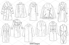 an image of women's coats and jackets in different styles, all drawn by hand