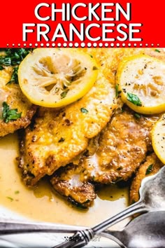 chicken france with lemons and parsley on the side