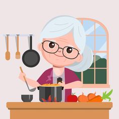 an elderly woman cooking in the kitchen