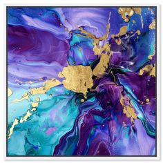 an abstract painting with blue, purple and gold paint on the bottom half of it