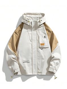 Men Letter Graphic Colorblock Drawstring Hooded Jacket White Casual  Long Sleeve Woven Fabric Colorblock,Letter Other Slight Stretch  Men Clothing, size features are:Bust: ,Length: ,Sleeve Length: Autumn Jacket, Khaki Jacket, Streetwear Clothes, Patchwork Jacket, Casual Outerwear, Workwear Jacket, Cargo Jacket, Padded Coat, Autumn Fashion Casual