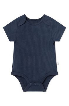 Dress baby in the breathable comfort of this ribbed bodysuit secured with a snap closure to make diaper changes a breeze. Snaps between legs 70% viscose, 30% cotton Machine wash, tumble dry Imported Sleepwear Dress, Navy Baby, Ribbed Shorts, Ribbed Bodysuit, Buy Buy Baby, Short Sleeve Bodysuit, Short Rompers, Baby Bodysuit, Baby Dress