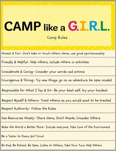 a sign that says camp like a girl with the words camping rules on it in different languages