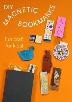 an orange wall with magnets and pictures on it that says, diy magnetic bookmarks fun craft for kids