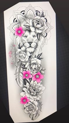 an artistic tattoo design with flowers and a lion on it's back side, in black and white