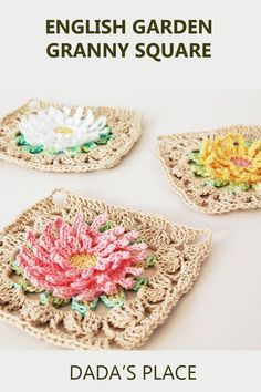 three crocheted coasters with flowers on them and the words english garden granny square