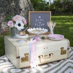 a baby in bloom sign sitting on top of an old suitcase next to a tree