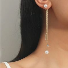 Faux Pearl Drop Earrings White Linear Earrings For Pierced Ears For Party, Droopy Earrings, Hoco Jewelry, Pearl Accessories, Bridesmaid Pearls, The Jacksons, Goddess Braids, Dangling Earrings, Earrings Color