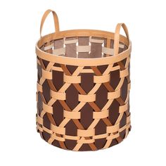 a woven basket with leather handles on a white background