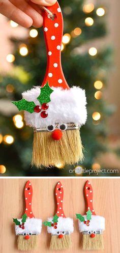 christmas decorations made out of toilet brushes and santa's hat