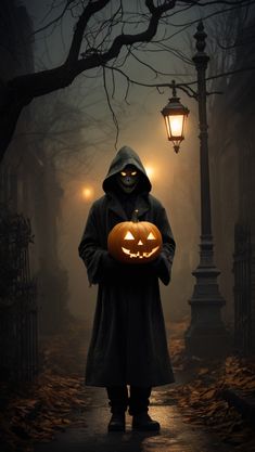 a person in a hooded jacket holding a jack o lantern