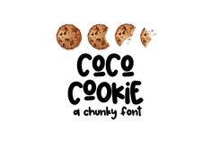 the words coco cookie are written in cursive font and surrounded by chocolate chip cookies