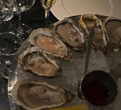 several oysters on an ice tray with some wine glasses and a glass of wine