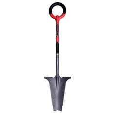 a red and black shovel with a long handle on the tip is shown in front of a white background