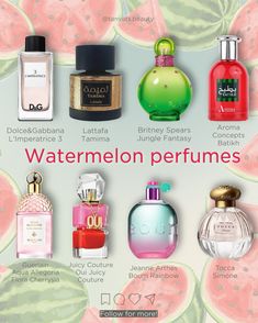 🍉 Watermelon perfumes for women 🍉 ▫️ Dolce&Gabbana L’Imperatrice 3 — probably the most popular watermelon perfume, and my personal favourite. Very uplifting, juicy and perfect for summer. ▫️ Lattafa Tamima — I feel like this affordable Arabian scent was heavily inspired by the previous one. ▫️ Britney Spears Jungle Fantasy — a fresh but shampoo-like scent with watermelon, water lily and yuzu. ▫️ Aroma Concepts Batikh — one of the most trending watermelon scents. It’s a very affordable... Perfume For Summer For Women, Watermelon Scented Products, Watermelon Perfume, Watermelon Fragrance, Watermelon Scent, Fruit Perfumes, Watermelon Water, Lovely Perfume