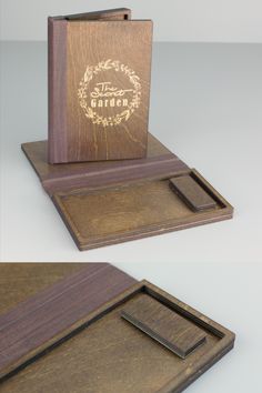 two wooden coasters with the word garden engraved on one side and an empty cutting board in the other