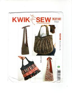 the kwk sew bag pattern is shown in three different styles, including one with a