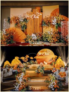 two pictures of an orange and white stage set up with flowers on the floor, one is