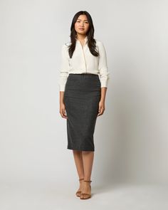 The Evelyn is the newest add to our pull-on skirt lineup, with a tapered, pencil fit and welt pockets at the hip. The fabric is the real star here… a rich stretch hopsack from Italy with a beautiful dimension to it. Pair it up with the matching Reese top and a pair of boots. Chicer than chic. Clothing Catalog, Sweater Gift, Buckle Shoes, Sweater Pants, Liberty Fabric, Heeled Loafers, Sneaker Heels, Sweater Weather, Outerwear Jackets