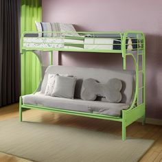 Green Twin Over Full Futon Bunk Bed - Bunk Beds Twin Futon, Futon Bunk Bed, Headboard Shapes, Twin Size Bed, Childrens Bedroom, Small Bedrooms, Large Families, Top Bunk, Twin Mattress Size