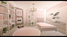 the interior of a room with many shelves and furniture in pink, white and green colors